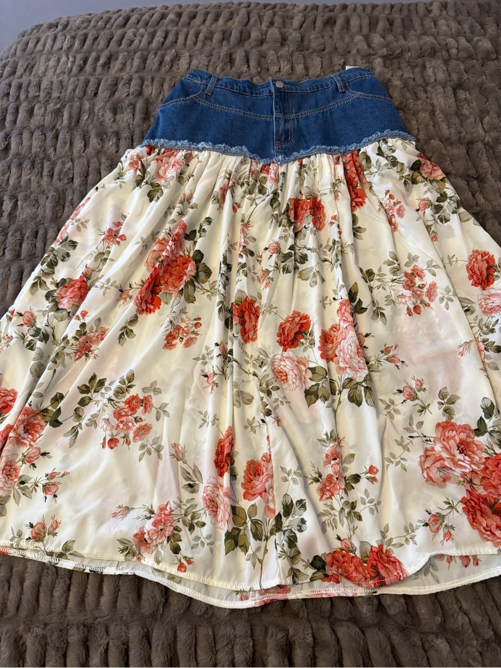 Whimsigoth Denim Floral Maxi Skirt Satin Rose Print 90s